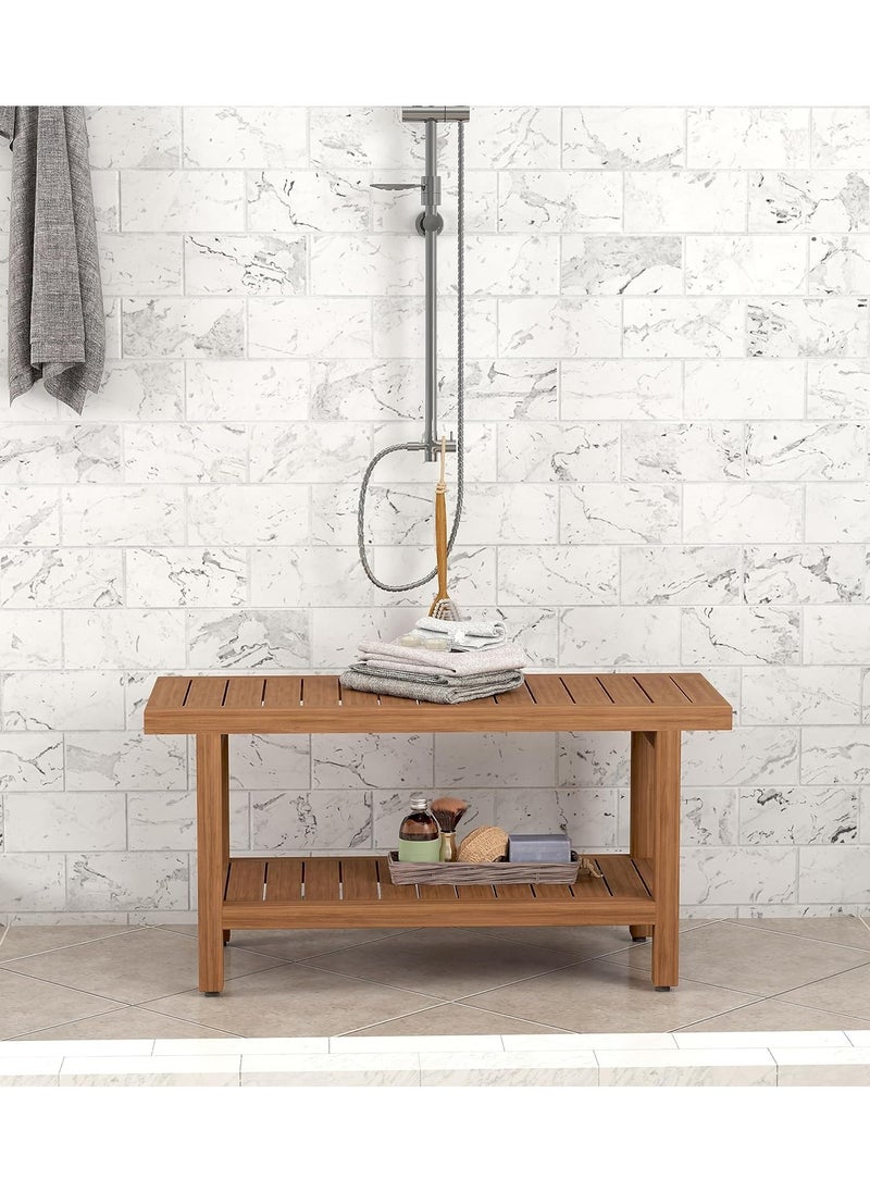 Generic - The Natural Beech Wood Spa Shower Bench with Shelf measures approximately 91.44 cm, and it provides a stylish and functional addition to your spa experience. - Image 1