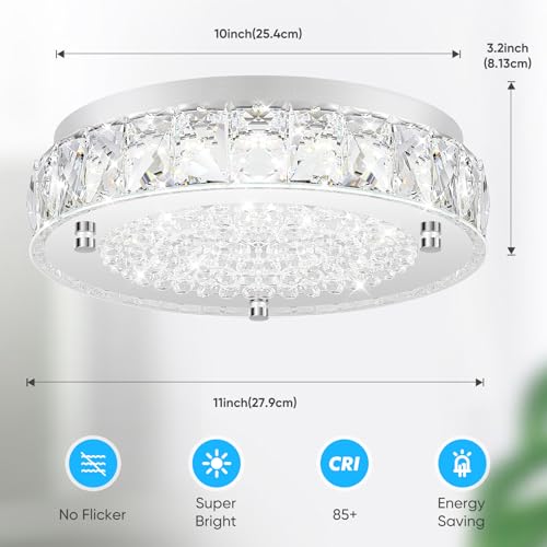 Brightever Crystal Chandeliers Flush Mount LED Ceiling Light Fixture, 5000K Daylight White Super Bright 1980LM 11-Inch Dimmable Farmhouse Kitchen Light Modern Ceiling Lamp for Bedroom Bathroom Nursery - Image 3