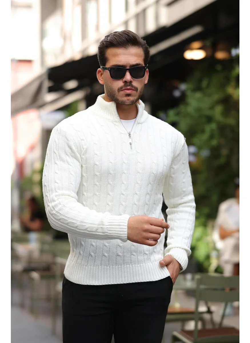 Valiberta Hair Knitted Half Zipper Men's Knitwear Sweater - Ecru