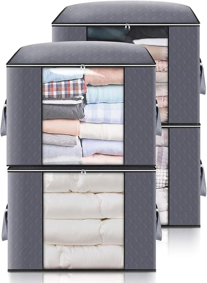 GARPROVM Pack of 4 90L Large Storage Bags, Foldable Underbed Clothes Storage, Storage with Reinforced Handle, Underbed Storage Bags for Duvets, Clothes, Blankets, Quilts, Grey