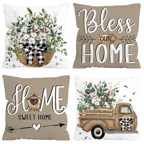 FUTBU Farmhouse Throw Pillow Covers 18x18 Inch Set of 4, Home Sweet Home Spring Cushion Case Decoration for Sofa Couch 4Pcs Eucalyptus Leaves Farm Pillow Covers Bless Our House Brown - Image 1