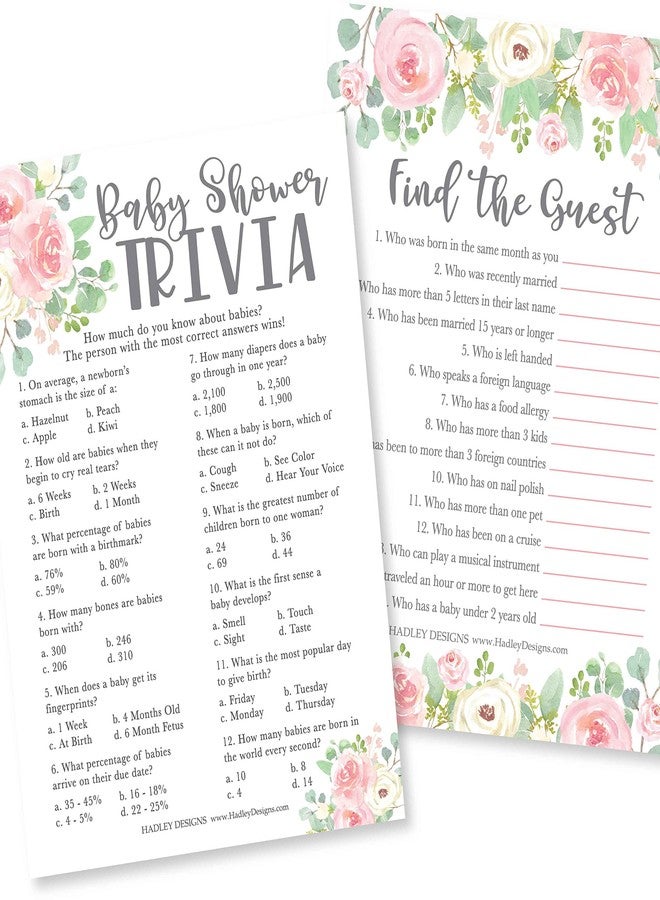 Hadley Designs Baby Shower Games for 25 Guests - Floral Pink Girl Baby Shower Trivia Game, Find The Guest Babyshower Game Girl, Gender Reveal Trivia Games, Made in USA - Image 1