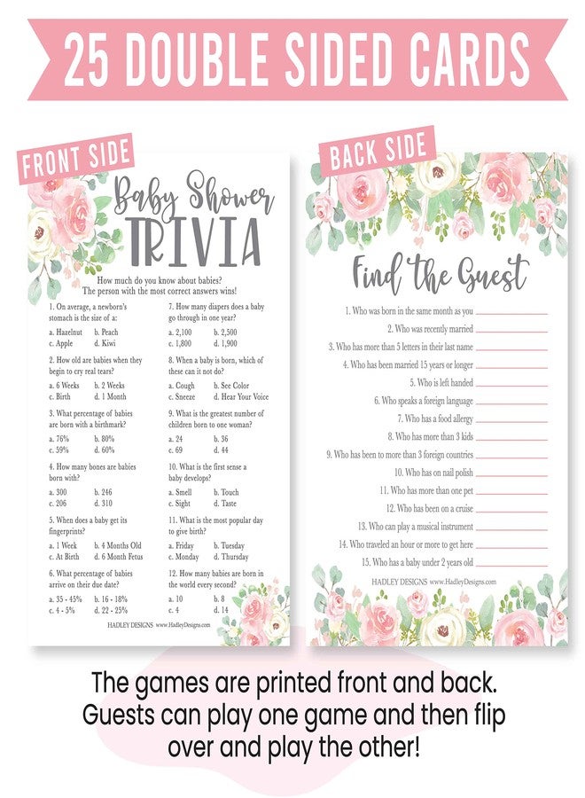 Hadley Designs Baby Shower Games for 25 Guests - Floral Pink Girl Baby Shower Trivia Game, Find The Guest Babyshower Game Girl, Gender Reveal Trivia Games, Made in USA - Image 3