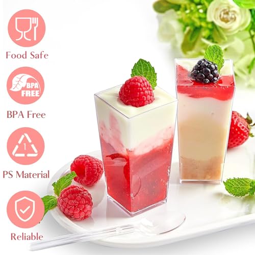 TOFLEN 50 Pack 3 oz Square Mini Dessert Cups with Spoons Clear Plastic Dessert Shooter Cups for for Party, Yogurt, Parfait, Cheesecake, Pudding, Jello and Appetizers - Image 4