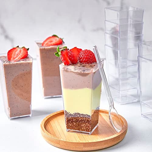 TOFLEN 50 Pack 3 oz Square Mini Dessert Cups with Spoons Clear Plastic Dessert Shooter Cups for for Party, Yogurt, Parfait, Cheesecake, Pudding, Jello and Appetizers - Image 5