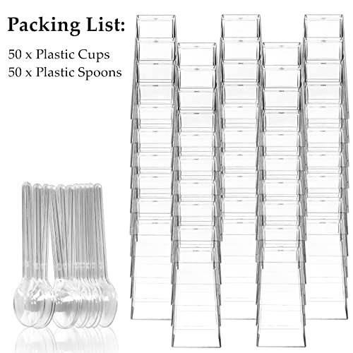 TOFLEN 50 Pack 3 oz Square Mini Dessert Cups with Spoons Clear Plastic Dessert Shooter Cups for for Party, Yogurt, Parfait, Cheesecake, Pudding, Jello and Appetizers - Image 3