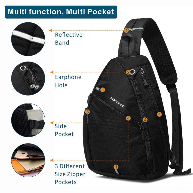 TITECOUGO Black Sports Men 1 Sling Backpack Breathable Lightweight Chest Bag Leather Shoulder Bags Packs Day Pack Daypack Cross Body Crossbody for Women Men Waterproof Hiking Travel Bag - Image 2
