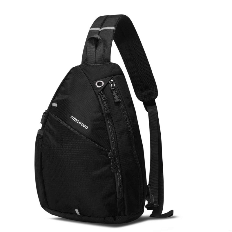 TITECOUGO Black Sports Men 1 Sling Backpack Breathable Lightweight Chest Bag Leather Shoulder Bags Packs Day Pack Daypack Cross Body Crossbody for Women Men Waterproof Hiking Travel Bag - Image 1