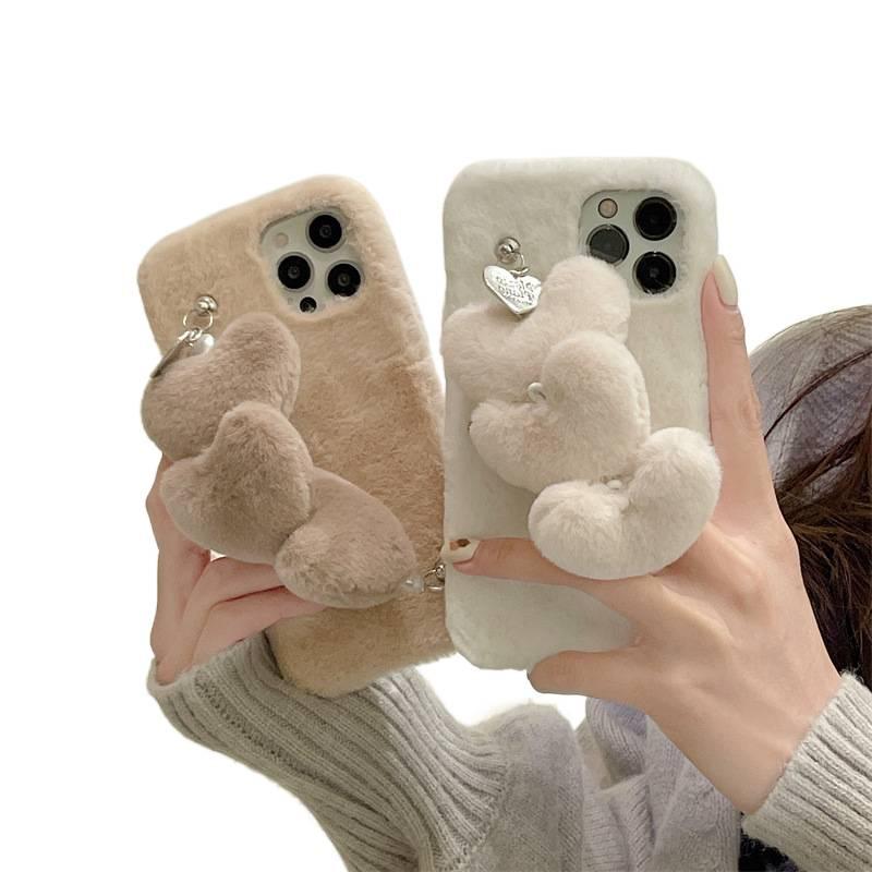 غطاء واقي بسيليكون لـ iPhone 16 / 16 Plus / 16 Pro / 16 Pro Max مع سوار فروي على شكل قلب وحماية من السقوط مع مقاومة للصدمات مع مقاومة لبصمات الأصابع باللون بني مقاوم للصدمات من ال. - Image 2