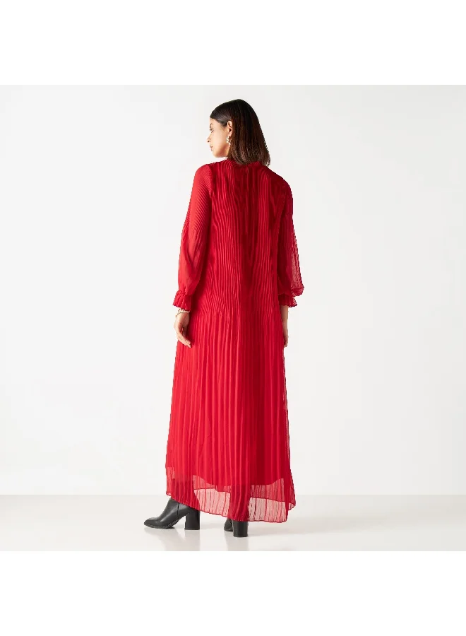 Iconic Iconic Pleated Maxi Dress with Long Sleeves and Ruffles