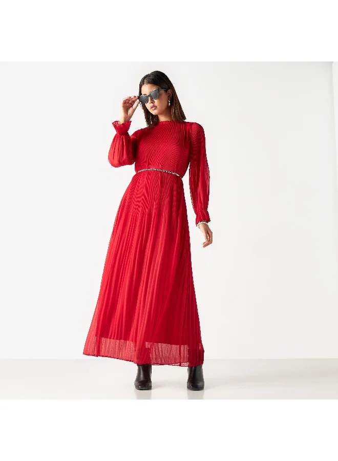 Iconic Iconic Pleated Maxi Dress with Long Sleeves and Ruffles