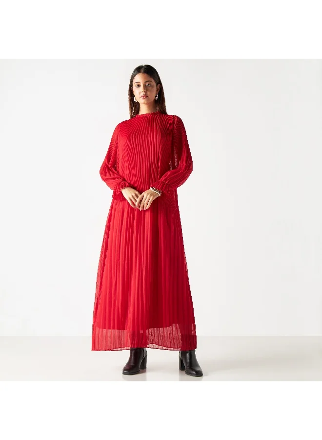 Iconic Iconic Pleated Maxi Dress with Long Sleeves and Ruffles