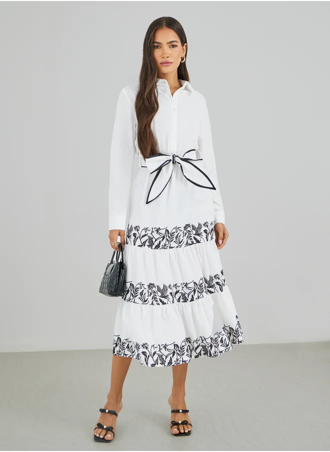 ستايلي Styli Printed Long Sleeves Tiered Midi Dress with Belt