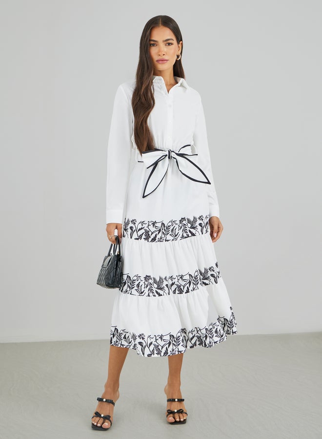 ستايلي فستان ميدي بأكمام طويلة وطبقات مطبوعة مع حزام - Image 1