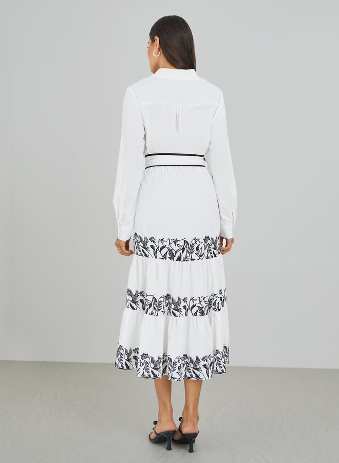 ستايلي فستان ميدي بأكمام طويلة وطبقات مطبوعة مع حزام - Image 5