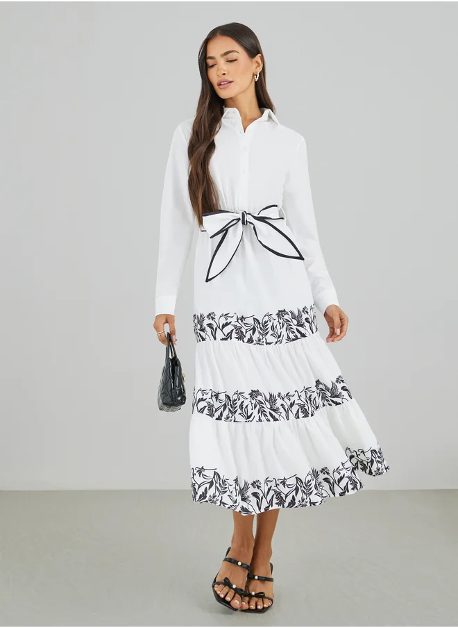 ستايلي Styli Printed Long Sleeves Tiered Midi Dress with Belt