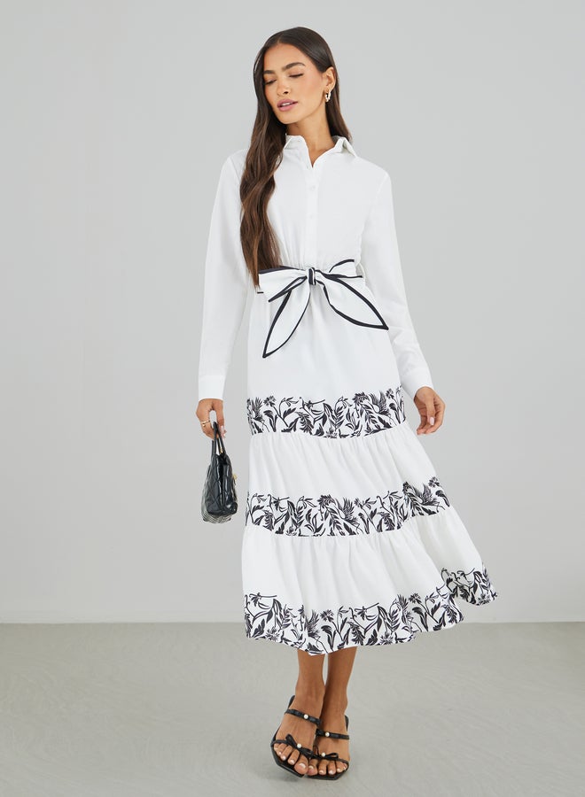 ستايلي فستان ميدي بأكمام طويلة وطبقات مطبوعة مع حزام - Image 2