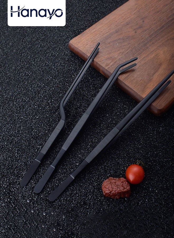 Hanayo 3 Pcs Food Tongs 20cm Kitchen Tweezers Stainless Steel Korean and Japanese Style Barbecue Tweezer Professional Cooking Tweezers for Grilling Cooking Serving Positioning Dessert Decoration(Black) - Image 1