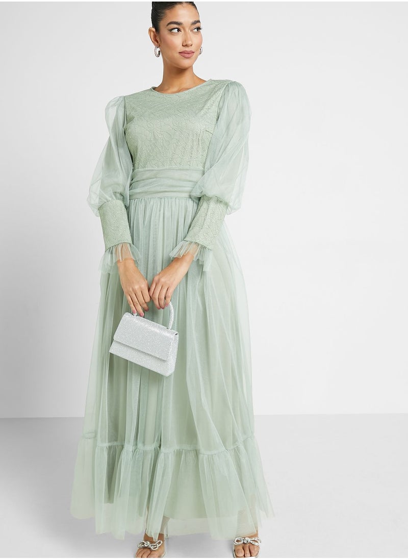 Khizana - Puff Sleeve Mesh Dress - Image 1