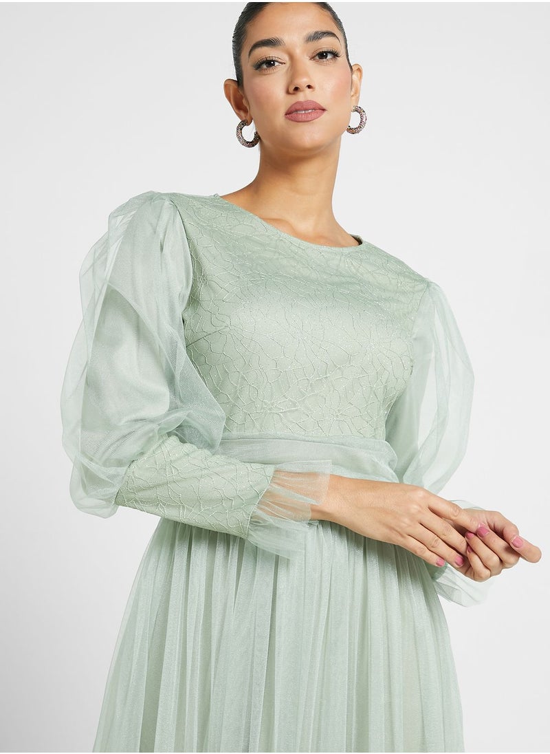 Khizana - Puff Sleeve Mesh Dress - Image 1