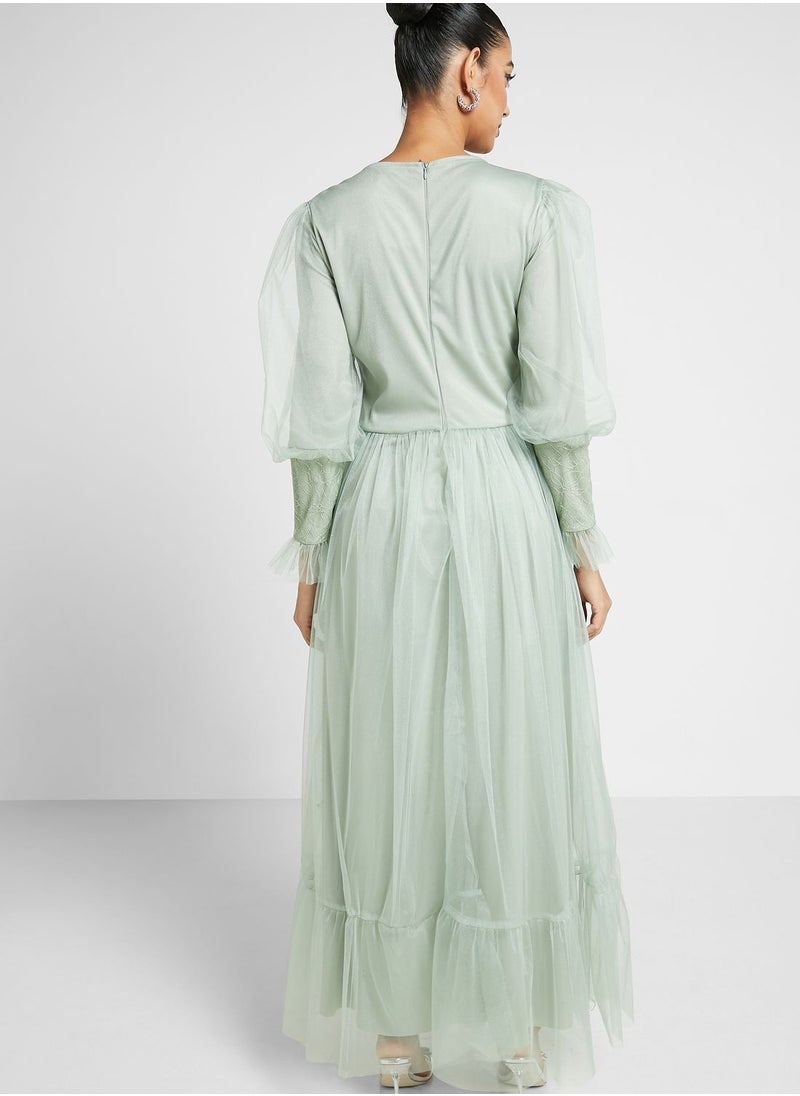 Khizana - Puff Sleeve Mesh Dress - Image 1