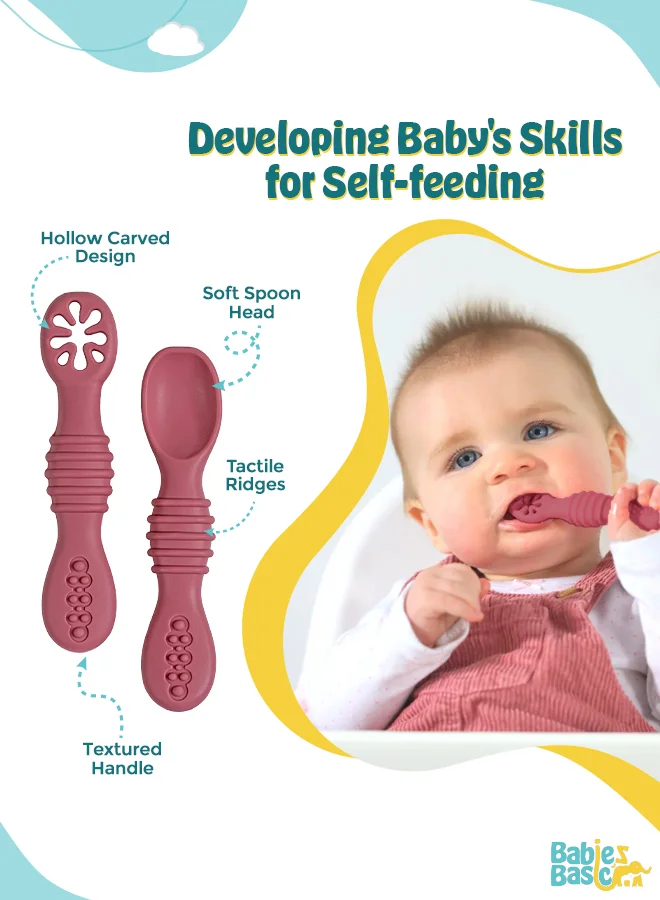 Babies Basic BabiesBasic Soft Tip BPA Free Silicone First Stage Training Spoon with Masher- Dusty Pink