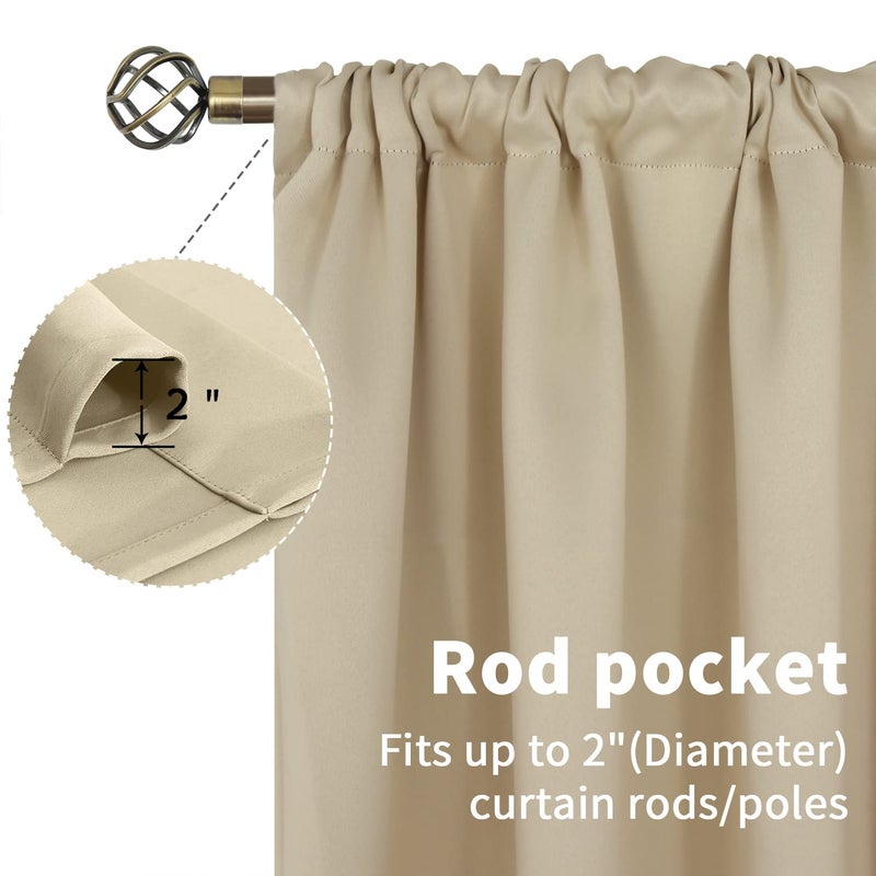 BGment Rod Pocket Room Darkening Curtains 48 Inches Length - Thermal Insulated Beige Blackout Window Drapes for Bedroom  42 x 48 Inch  2 Panels - Image 4