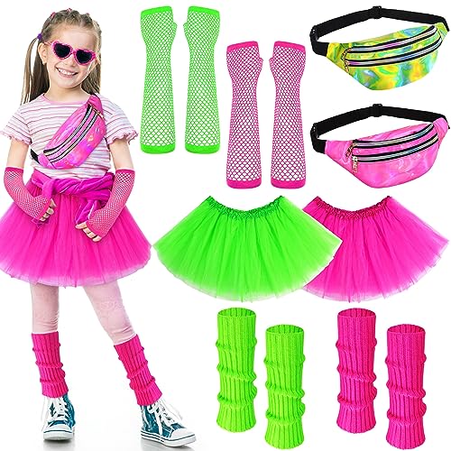 Toulite 8 Pcs Halloween Kid 80s Costume Accessories Set Neon Leg Warmers Socks Fanny Tutu Skirts(Rose Red and Green) - Image 1