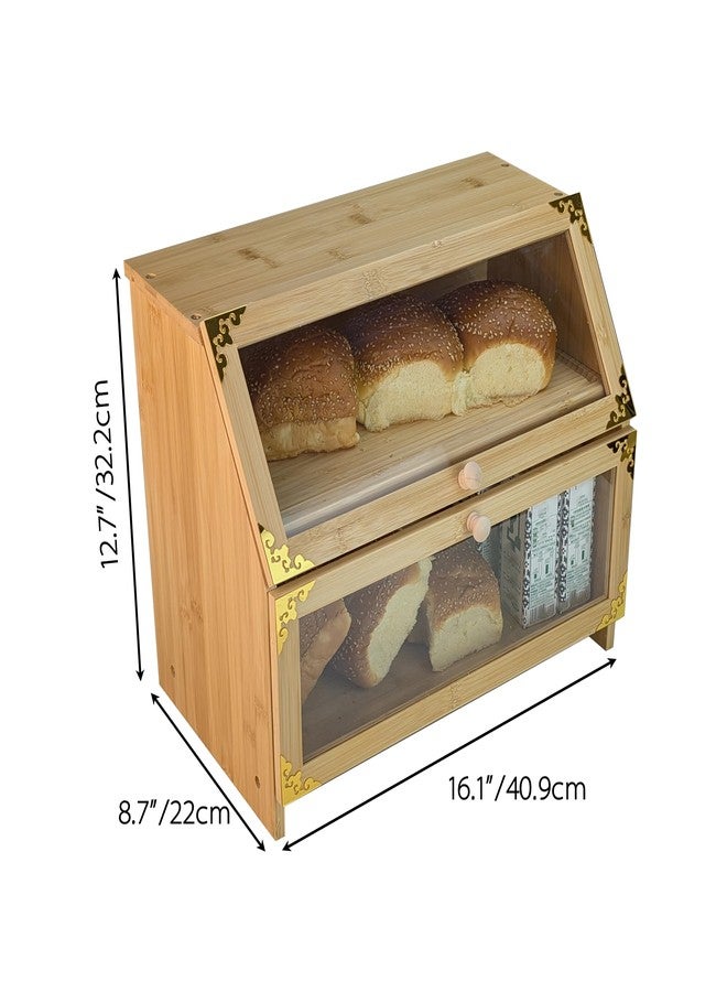 ARTAWEIN Large Bamboo Wood Double Layer Bread Box for Kitchen Countertop - Airtight Bread Storage Holder with Capacity for Homemade Bread and Panera Loaves - Image 2
