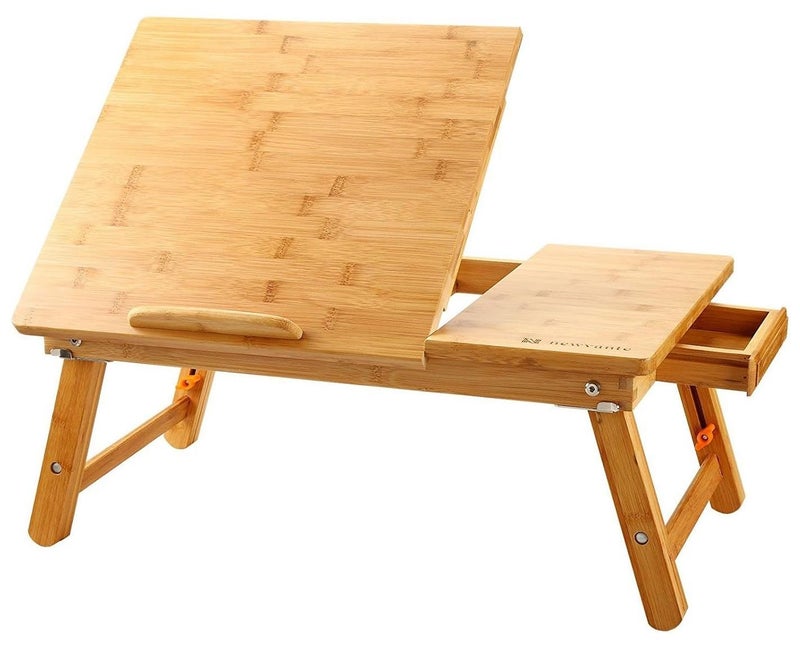 NNEWVANTE Laptop Desk Nnewvante Table Adjustable 100% Bamboo Foldable Breakfast Serving Bed Tray w' Tilting Top Drawer - Image 1