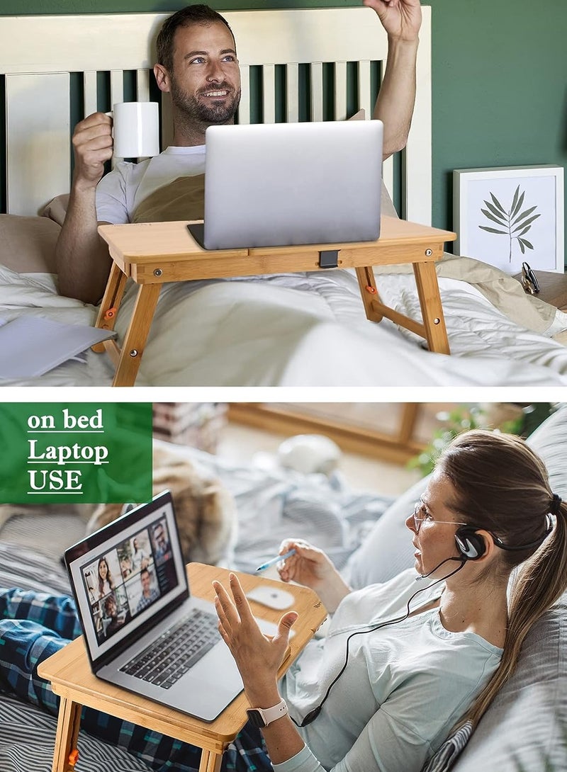 NNEWVANTE Laptop Desk Nnewvante Table Adjustable 100% Bamboo Foldable Breakfast Serving Bed Tray w' Tilting Top Drawer - Image 2
