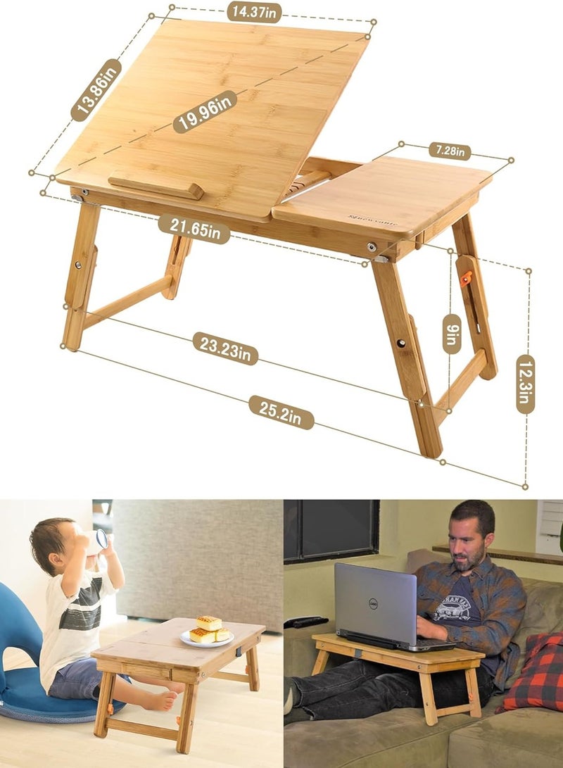 NNEWVANTE Laptop Desk Nnewvante Table Adjustable 100% Bamboo Foldable Breakfast Serving Bed Tray w' Tilting Top Drawer - Image 3