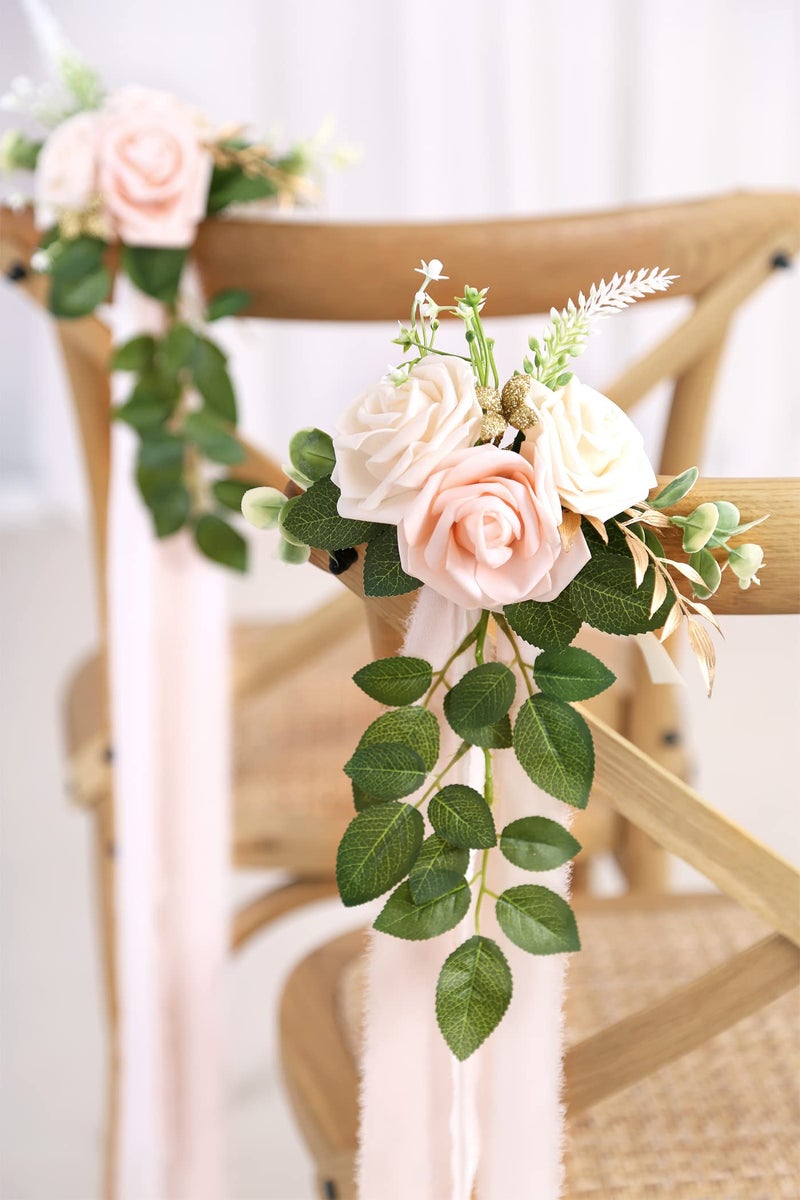 DreamBuilt Wedding Aisle Decorations - Set of 10 Pew Flowers - Artificial Roses & Eucalyptus - Pink & Cream - 5.5" x 13" - Elegant Traditional Modern Style - Chair Flowers - Image 4