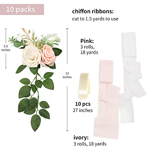 DreamBuilt Wedding Aisle Decorations - Set of 10 Pew Flowers - Artificial Roses & Eucalyptus - Pink & Cream - 5.5" x 13" - Elegant Traditional Modern Style - Chair Flowers - Image 2