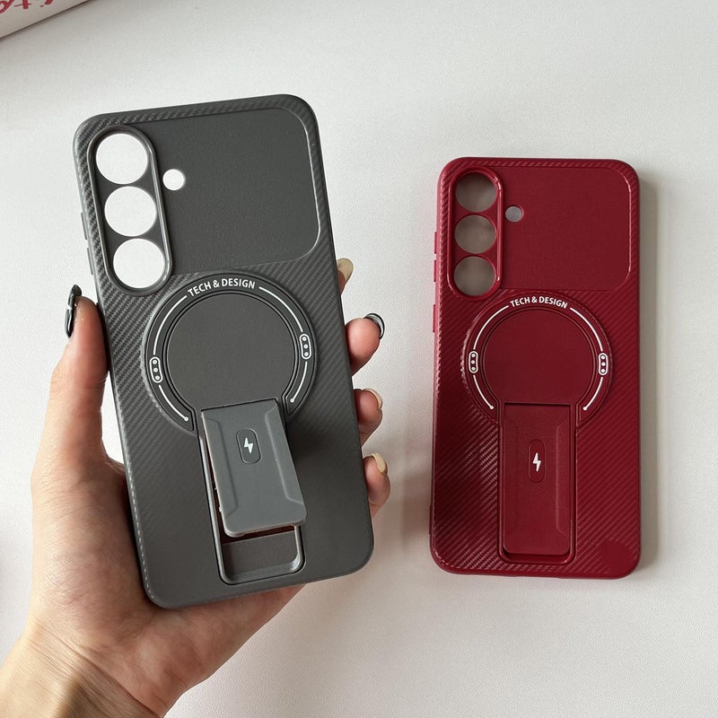 erorex For Samsung Galaxy S25 FE 5G Carbon Fiber Texture MagSafe Phone Case with Holder(Blue) - Image 4