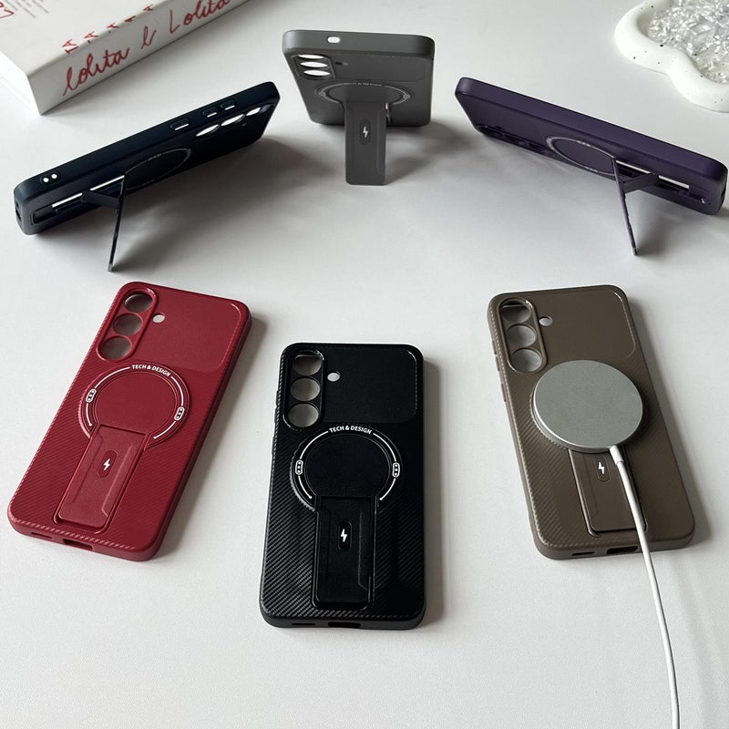 erorex For Samsung Galaxy S25 FE 5G Carbon Fiber Texture MagSafe Phone Case with Holder(Blue) - Image 5