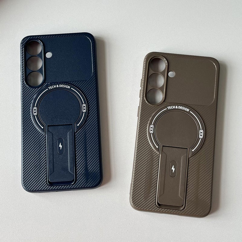 erorex For Samsung Galaxy S25 FE 5G Carbon Fiber Texture MagSafe Phone Case with Holder(Blue) - Image 3