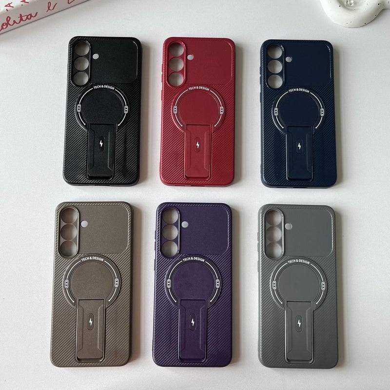 erorex For Samsung Galaxy S25 FE 5G Carbon Fiber Texture MagSafe Phone Case with Holder(Blue) - Image 2