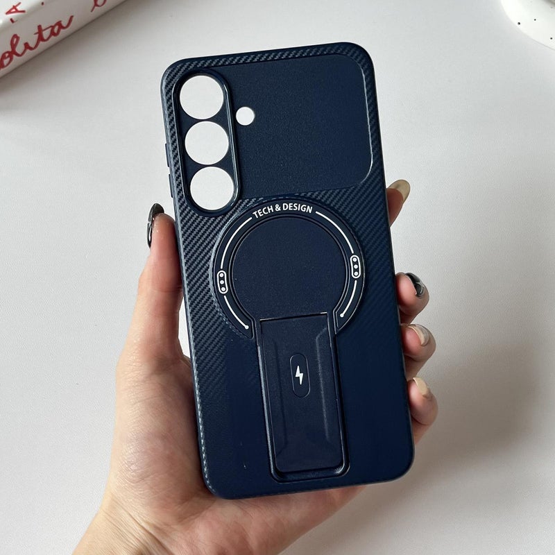 erorex For Samsung Galaxy S25 FE 5G Carbon Fiber Texture MagSafe Phone Case with Holder(Blue) - Image 1