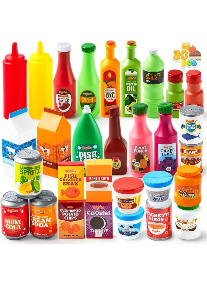 JOYIN 30Pcs Play Food Grocery Cans, Play Kitchen Accessories, Includes Drink, Juice, Jar, Seasoning, Water Bottle, Sauce, Yogurt, Ice Cream, Snack Box, Kids Gifts & Indoor Toys - Image 1