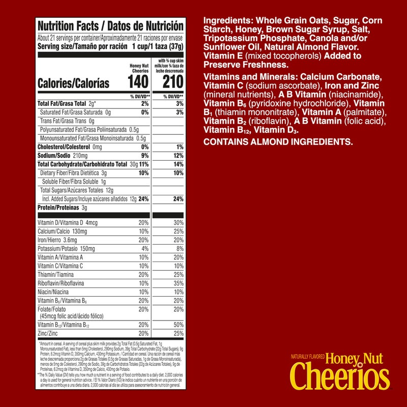 Cheerios Honey Nut Cheerios, Heart Healthy Gluten Free Breakfast Cereal with Whole Grain Oats, Giant Size, 27.2 oz - Image 2