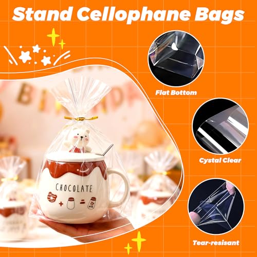 Nelisylux 8"x 11" Cellophane Bags, Flat Bottom Gusset Clear Gift Bags with Ties Party Favor Packaging Gift Mug Wrapping Plastic Cellophane Treat Bag Goodie Bag for Popcorn Candy Goodies Bread Snack, 50Pcs - Image 3