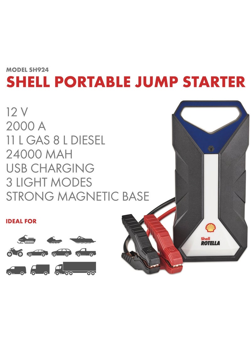 شيل جمب ستارتر للسيارات شاحن شيل 24000 مللي أمبير في الساعة لشحن بطارية السيارة مع ضوء LED وقاعدة مغناطيسية، شاحن بطارية السيارة بقدرة 2000 أمبير تيار 12 فولت، حزمة شحن محمولة للطوارئ مع كابلات توصيل - أسود - Image 2