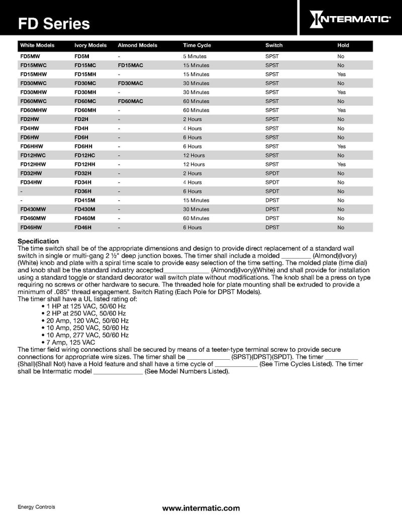 Intermatic مؤقت حائط بزنبرك لمدة 4 ساعات من إنترماتيك FD4HW للأضواء والمراوح، أبيض - Image 3