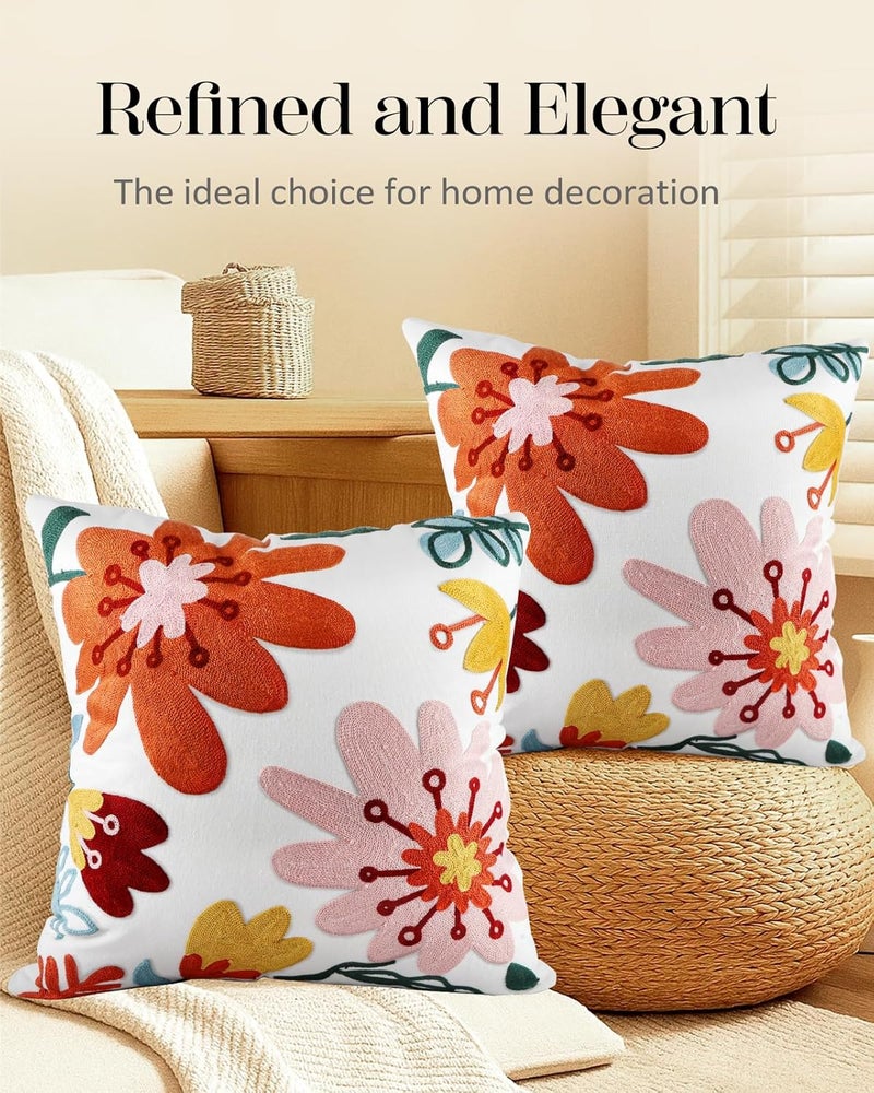 Kokaaee Embroidered Throw Pillow Covers Set of 2-18x18 Decorative Pillow Covers with Zipper Aesthetic Cute Design Spring Summer Throw Pillowcases for Outdoor Couch Sofa Bed, Colorful Flowers - Image 5