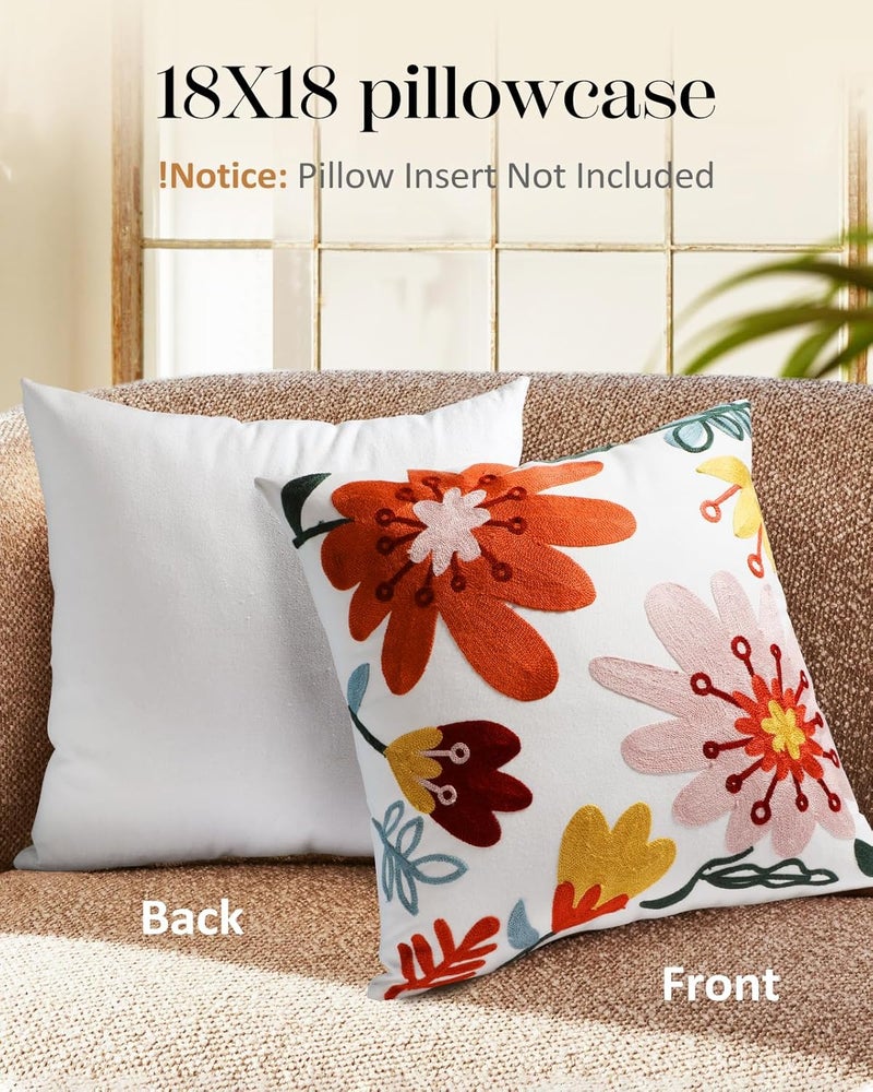 Kokaaee Embroidered Throw Pillow Covers Set of 2-18x18 Decorative Pillow Covers with Zipper Aesthetic Cute Design Spring Summer Throw Pillowcases for Outdoor Couch Sofa Bed, Colorful Flowers - Image 4