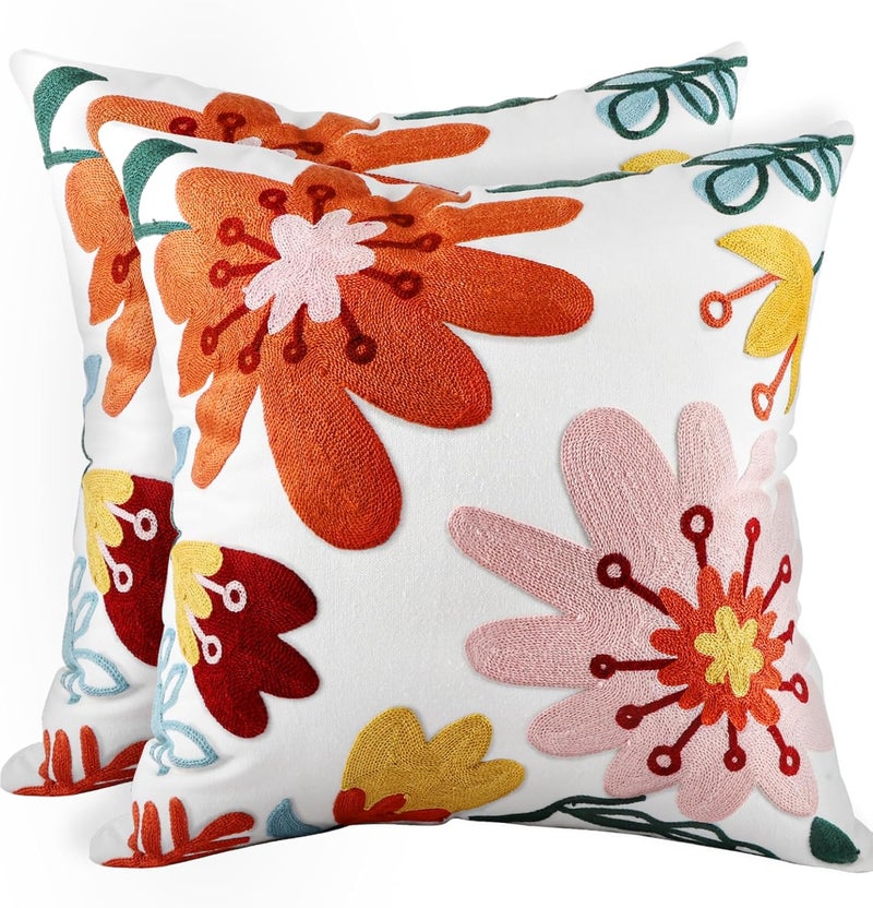 Kokaaee Embroidered Throw Pillow Covers Set of 2-18x18 Decorative Pillow Covers with Zipper Aesthetic Cute Design Spring Summer Throw Pillowcases for Outdoor Couch Sofa Bed, Colorful Flowers - Image 1