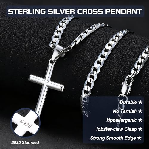 Besteel 925 Sterling Silver Cross Necklace Beveled Edge for Men Women 5mm Stainless Stee Non Tarnish Durable Cuban Link Curb Chain Crucifix Pendant Necklace Jewelry 20 Inches - Image 4