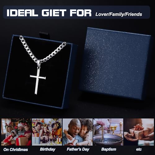 Besteel 925 Sterling Silver Cross Necklace Beveled Edge for Men Women 5mm Stainless Stee Non Tarnish Durable Cuban Link Curb Chain Crucifix Pendant Necklace Jewelry 20 Inches - Image 5