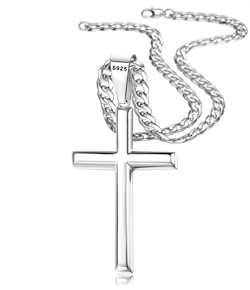 Besteel 925 Sterling Silver Cross Necklace Beveled Edge for Men Women 5mm Stainless Stee Non Tarnish Durable Cuban Link Curb Chain Crucifix Pendant Necklace Jewelry 20 Inches - Image 1